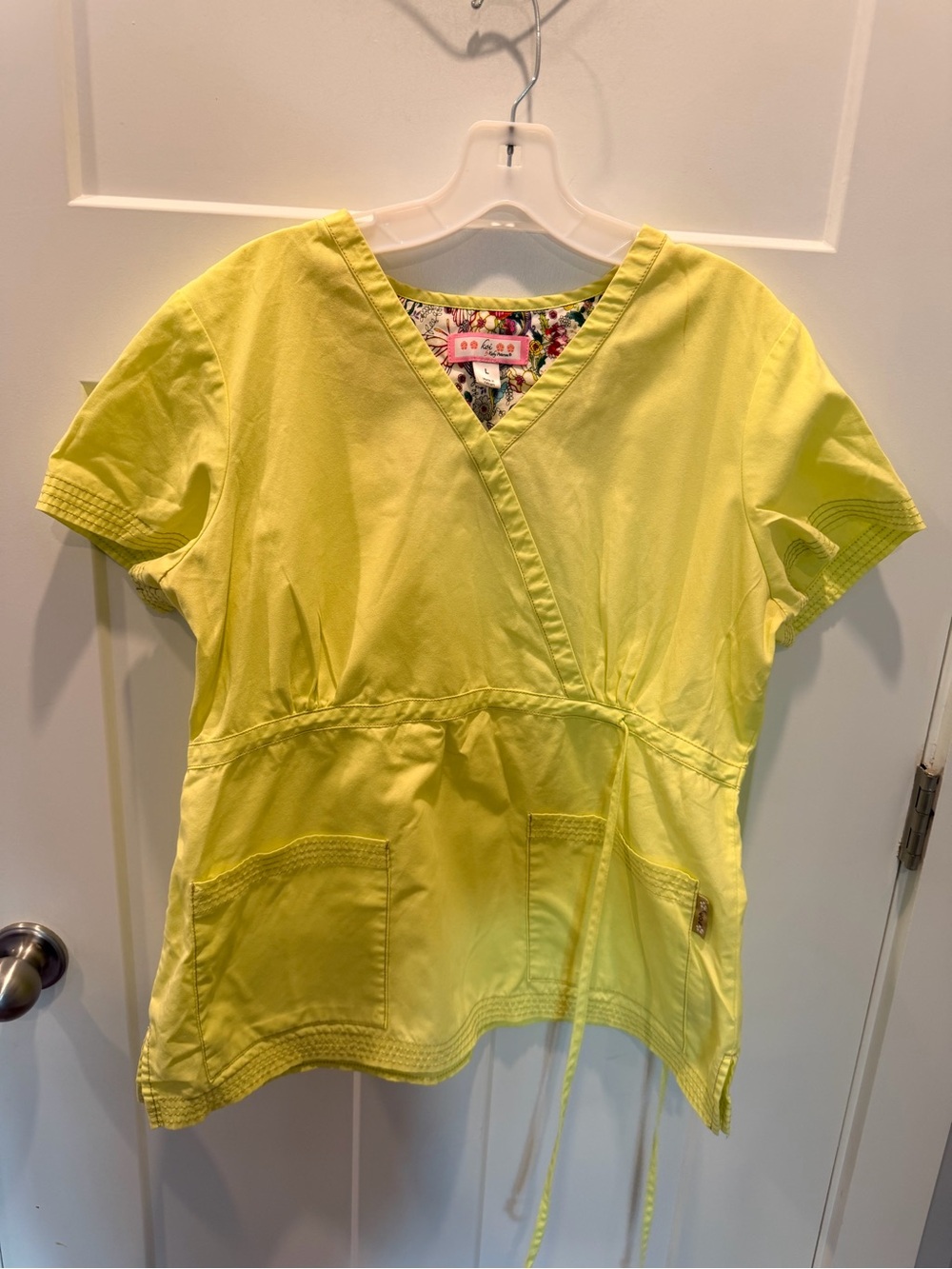Koi by Kathy Peterson Lime Green Mock Wrap Scrub Top Large